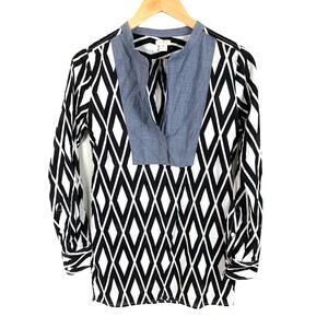 J. Crew Black White Diamond Print Chambray Bib Tunic Top Swim Beach Coverup XS.